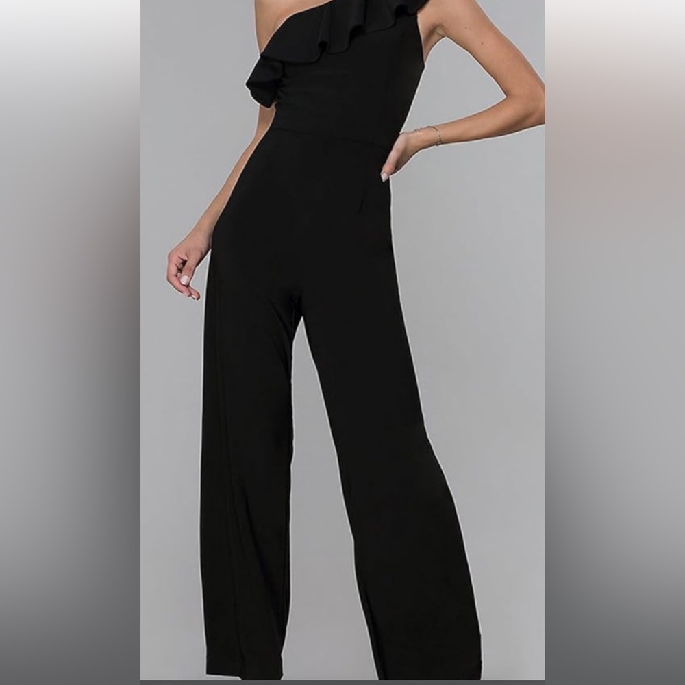 Revolve Krisa Black One Shoulder wide legs Ruffle Jumpsuit size Xs